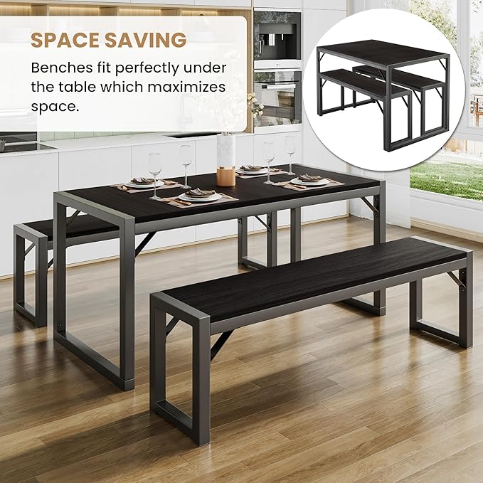 SHA CERLIN 3-Piece Dining Table Set with 2 Benches, Rustic Kitchen Table Set for 4-6, Space-Saving Dinette, Sturdy Structure, Easy Assemble, Black/Grey - LeafyLoom