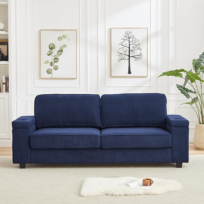 Modern Living Room Upholstered 3 Seater Sofa Couch Deep Seat Soft Corduroy Sofa&Couch with Storage Armrests, 2 Cupholders, Type-C and USB Charging Ports for Home, Apartment, Office - LeafyLoom