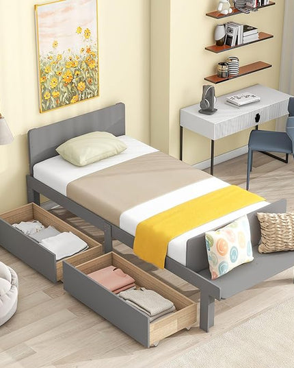 Twin Bed with 2 Drawers,Storage Platform Bed with Footboard Bench and Headboard,Pine Wood Twin Size Bed Frame High Stable for Kids,Boys,Girls,Teens, No Box Spring Needed,Grey - LeafyLoom