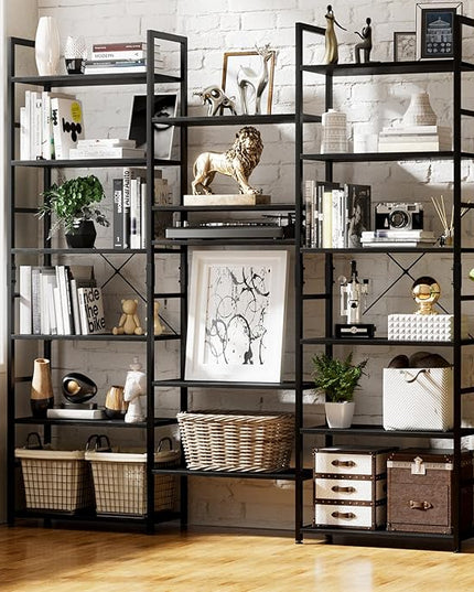 NUMENN Triple Wide 6 Tier Bookshelf, Rustic Industrial Style Bookcases and Bookshelves with 17 Open Display Shelves, Modern Tall Bookcase Furniture for Bedroom, Living Room and Home Office, Black - LeafyLoom