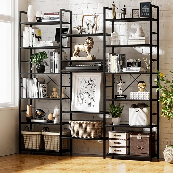 NUMENN Triple Wide 6 Tier Bookshelf, Rustic Industrial Style Bookcases and Bookshelves with 17 Open Display Shelves, Modern Tall Bookcase Furniture for Bedroom, Living Room and Home Office, Black - LeafyLoom