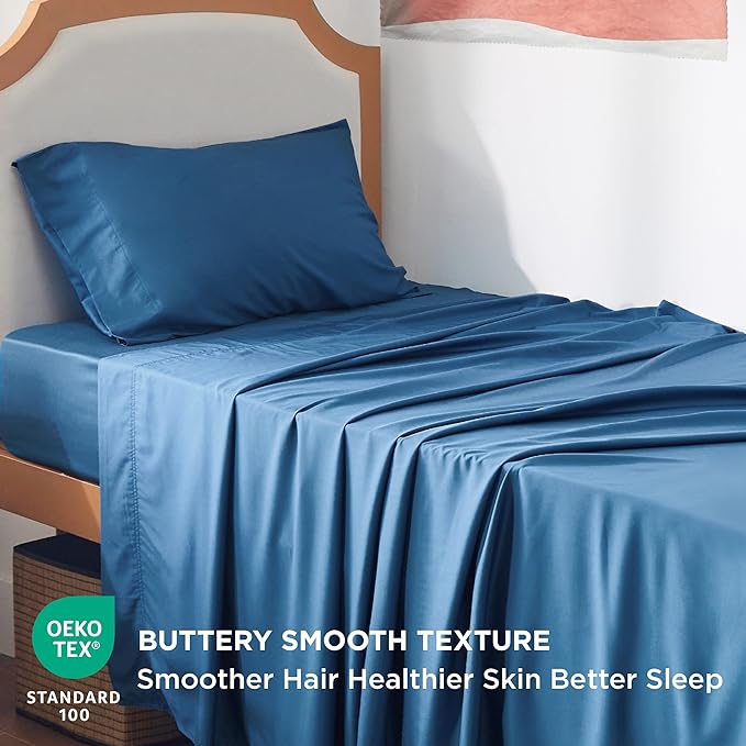 Bedsure Twin XL Sheet Set Dorm Bedding, Cooling Sheets Twin Extra Long Sheets, Rayon Derived from Bamboo, Deep Pocket Up to 16", Hotel Luxury Silky Bedding Sheets & Pillowcases, Peacock Blue - LeafyLoom