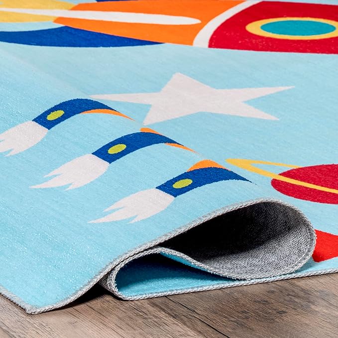 nuLOOM Eddie Outer Space Machine Washable Kids Ultra Thin Area Rug, 5' x 8', Light Blue Multi - LeafyLoom