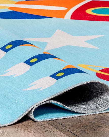 nuLOOM Eddie Outer Space Machine Washable Kids Ultra Thin Area Rug, 4' x 6', Light Blue Multi - LeafyLoom