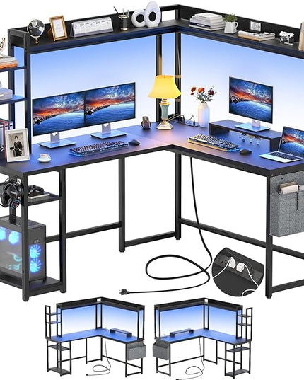 Aheaplus L Shaped Desk with Power Outlet, L Shaped Gaming Desk with Led Light & Hutch, Reversible Home Office Desk, Corner Computer Desk Writing Desk with Monitor Stand & Storage Shelves, Black - LeafyLoom