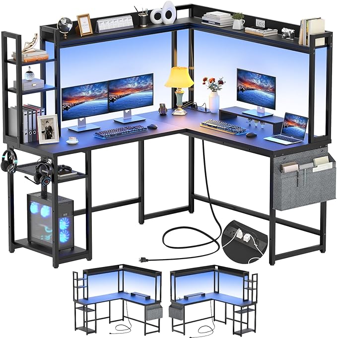 Aheaplus L Shaped Desk with Power Outlet, L Shaped Gaming Desk with Led Light & Hutch, Reversible Home Office Desk, Corner Computer Desk Writing Desk with Monitor Stand & Storage Shelves, Black - LeafyLoom