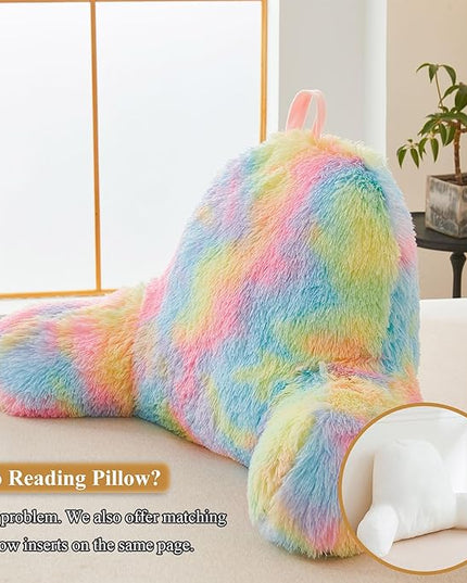 XeGe Fluffy Back Support Pillow Cover for Bed (No Filler), Tie Dye Faux Fur Backrest Pillow Case, Furry Reading Pillow Cover with Arms Adults Kids Girls, Fuzzy Sit Up Study Pillow for Floor, Rainbow - LeafyLoom