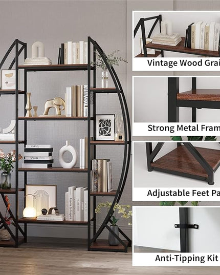 Large Oval Bookshelf, 70“ Tall Open 5 Tier Industrial Bookcases, Modern Etagere Bookcase Furniture, Wall Units for Living Room, Bookshelves Display Shelves for Office - LeafyLoom