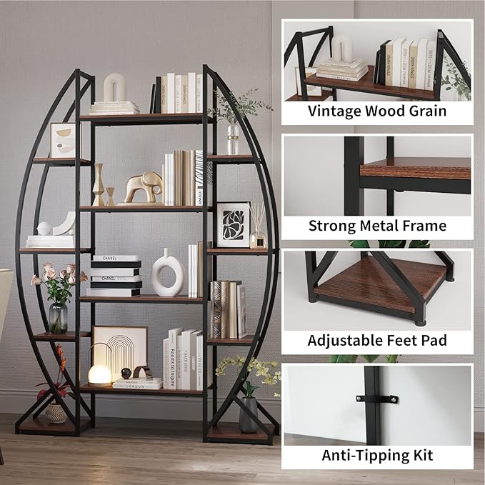 Large Oval Bookshelf, 70“ Tall Open 5 Tier Industrial Bookcases, Modern Etagere Bookcase Furniture, Wall Units for Living Room, Bookshelves Display Shelves for Office - LeafyLoom