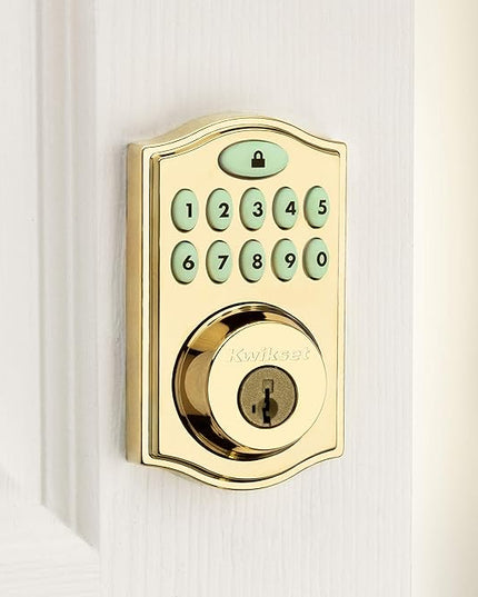 Kwikset 914 Traditional Keypad SmartCode Electronic Deadbolt Smart Lock featuring SmartKey Security and ZigBee 3.0 Technology in Polished Brass Kwikset