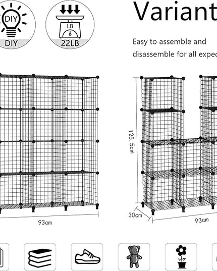 Wolizom Wire Cube Storage, Metal Grids Shelves Bookshelf, Stackable Modular Shelving Organizer, DIY Closet Bookcase Bookshelf, Grid Storage Shelf for Bedroom, Living Room, Office (Black, 9 Cube) - LeafyLoom