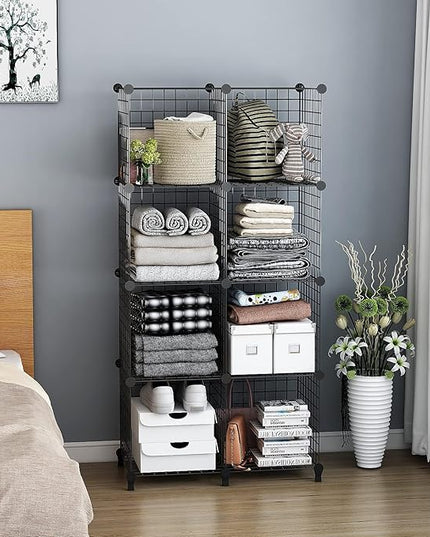 Wolizom Wire Cube Storage, Metal Grids Shelves Bookshelf, Stackable Modular Shelving Organizer, DIY Closet Bookcase Bookshelf, Grid Storage Shelf for Bedroom, Living Room, Office (Black, 8 Cube) - LeafyLoom