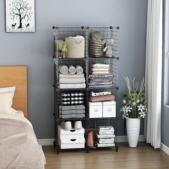 Wolizom Wire Cube Storage, Metal Grids Shelves Bookshelf, Stackable Modular Shelving Organizer, DIY Closet Bookcase Bookshelf, Grid Storage Shelf for Bedroom, Living Room, Office (Black, 8 Cube) - LeafyLoom