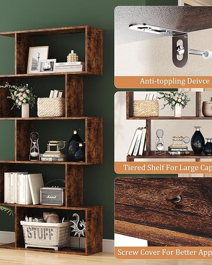 Yusong Bookshelf 5-Tier, Geometric Bookcase S Shaped Book Shelves for Bedroom, Modern Industrial Wood Decorative Display Shelf Book Case for Home Office, Rustic Brown - LeafyLoom