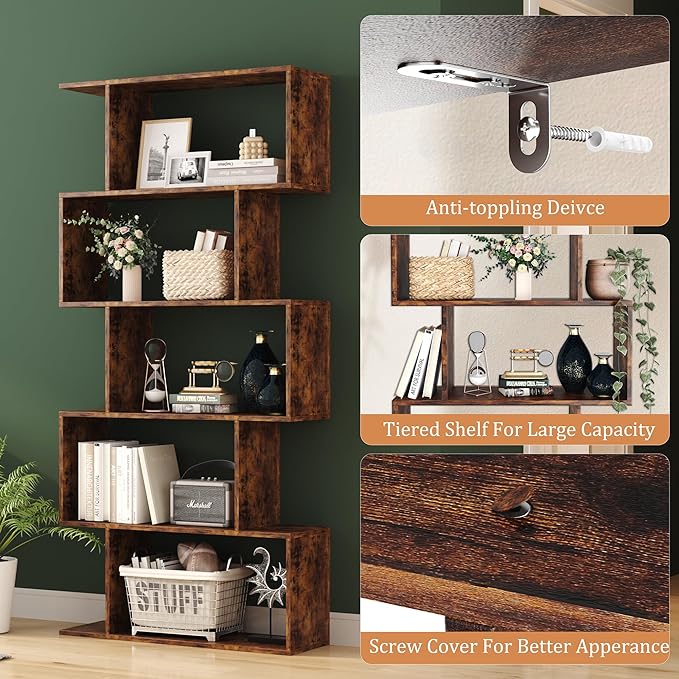 Yusong Bookshelf 5-Tier, Geometric Bookcase S Shaped Book Shelves for Bedroom, Modern Industrial Wood Decorative Display Shelf Book Case for Home Office, Rustic Brown - LeafyLoom