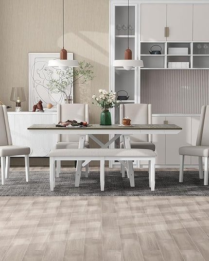 Classic, Rectangular Extendable 2, 12" W Removable Leaves and 4 Upholstered Chairs & 1 Bench, Room, Kitchen, 6 Piece Dining Table Set, Brown+White 32 - LeafyLoom
