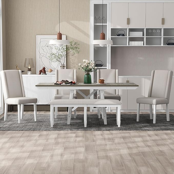 Classic, Rectangular Extendable 2, 12" W Removable Leaves and 4 Upholstered Chairs & 1 Bench, Room, Kitchen, 6 Piece Dining Table Set, Brown+White 32 - LeafyLoom