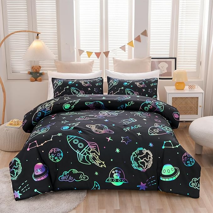 Aimuan Space Rocket Bedding Set Kid Comforter Set Full Size Super Soft & Cute Aliens UFO Printed Quilt Set for Teen Boys Girls (Black, Full) - LeafyLoom