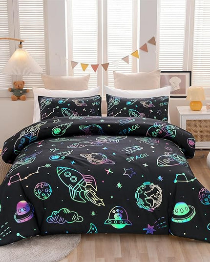 Aimuan Space Bedding Twin Bed Comforter Kids Rocket Bedding Set Super Soft & Cute Aliens UFO Printed for Boys Girls Teen (Black, Twin) - LeafyLoom