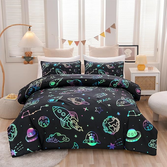 Aimuan Space Bedding Twin Bed Comforter Kids Rocket Bedding Set Super Soft & Cute Aliens UFO Printed for Boys Girls Teen (Black, Twin) - LeafyLoom