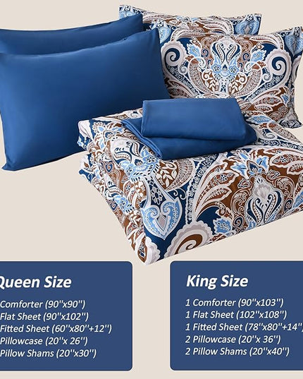 Yiran Blue Paisley Comforter Set Queen 7 Pieces Bed in a Bag Boho Comforter Lightweight Microfiber Reversible Bedding Set (1 Comforter, 1 Flat Sheet, 1 Fitted Sheet, 2 Pillowcases, 2 Pillow Shams) - LeafyLoom