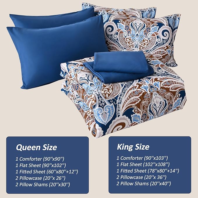 Yiran Blue Paisley Comforter Set Queen 7 Pieces Bed in a Bag Boho Comforter Lightweight Microfiber Reversible Bedding Set (1 Comforter, 1 Flat Sheet, 1 Fitted Sheet, 2 Pillowcases, 2 Pillow Shams) - LeafyLoom