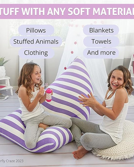 Butterfly Craze Bean Bag Chair Cover, Functional Toddler Toy Organizer, Fill with Stuffed Animals to Create a Jumbo, Comfy Floor Lounger for Boys or Girls, Stuffing Not Included, Purple Stripes - LeafyLoom