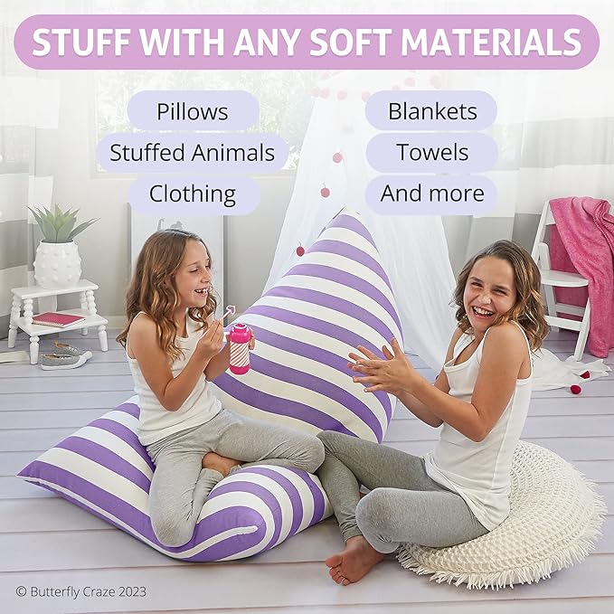 Butterfly Craze Bean Bag Chair Cover, Functional Toddler Toy Organizer, Fill with Stuffed Animals to Create a Jumbo, Comfy Floor Lounger for Boys or Girls, Stuffing Not Included, Purple Stripes - LeafyLoom