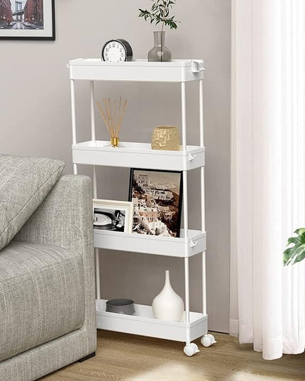SPACELEAD Slim Storage Cart 4 Tier,Bathroom Storage Organizer Rolling Utility Cart, Mobile Shelving Unit Slide Out Storage Cart for Office, Bathroom, Kitchen, Laundry Room & Narrow Places， White - LeafyLoom
