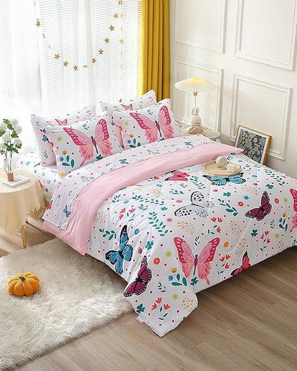 Girls Butterfly Comforter Set Queen Size 7 Piece Bed in A Bag Colorful Flowers Leaves Bedding Set for Kids Teens Super Soft All Season - LeafyLoom