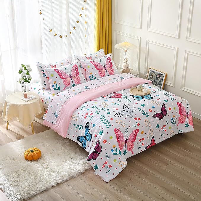 Girls Butterfly Comforter Set Queen Size 7 Piece Bed in A Bag Colorful Flowers Leaves Bedding Set for Kids Teens Super Soft All Season - LeafyLoom