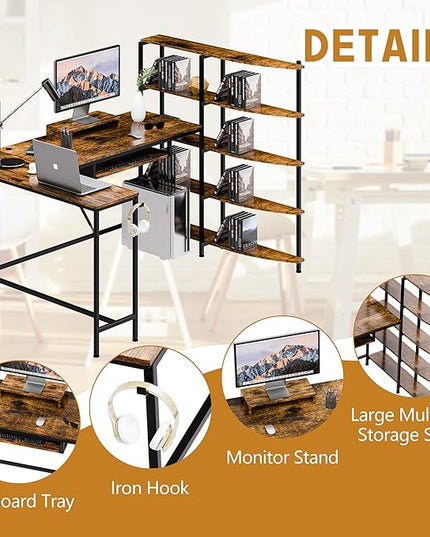 Shintenchi L Shaped Computer Desk, Multifunctional Gaming Desk with 5-Tier Storage Shelves, Monitor Stand, Keyboard Tray & Hook, Modern Style Study Workstation for Home Office, Vintage Brown - LeafyLoom