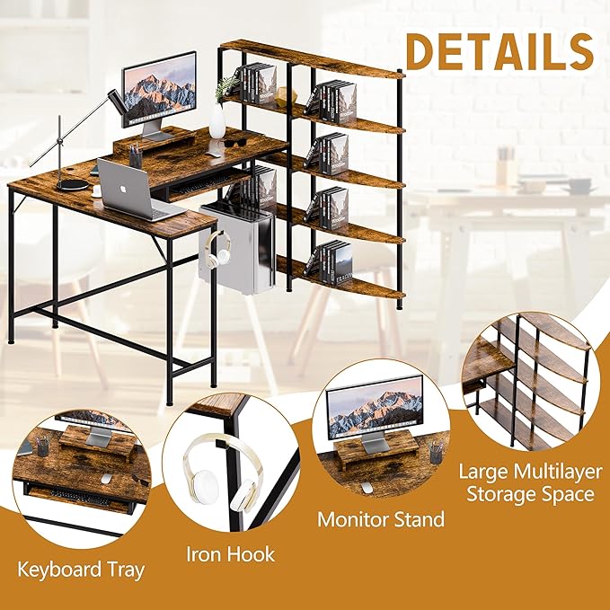 Shintenchi L Shaped Computer Desk, Multifunctional Gaming Desk with 5-Tier Storage Shelves, Monitor Stand, Keyboard Tray & Hook, Modern Style Study Workstation for Home Office, Vintage Brown - LeafyLoom