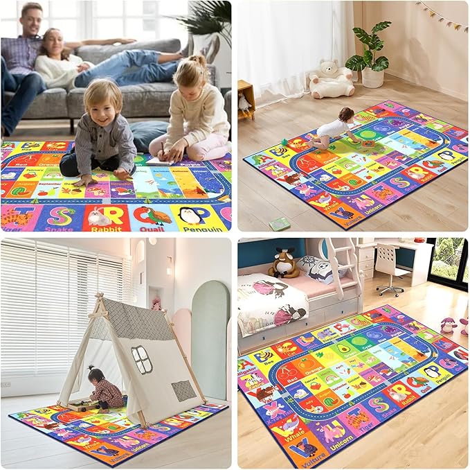 HEBE Kids Play Rug 3'4"x5' ABC Alphabet Numbers Shapes Educational Kid Area Rug Washable Baby Crawling Mat Non Slip Kid Play Mat Carpet for Girl Boy Bedroom Playroom - LeafyLoom