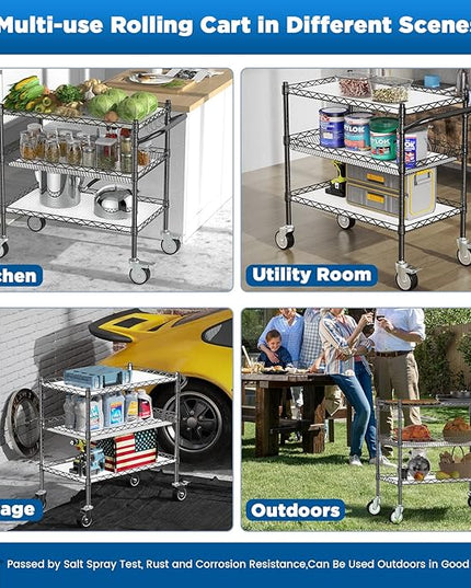 3 Tier Rolling Carts with Wheels,990Lbs Heavy Duty Rolling Utility Cart,NSF Commercial Grade Metal Cart with Handle&Shelf Liner,Trolley Serving Cart for Kitchen,Restaurant,Plant Display,Black - LeafyLoom