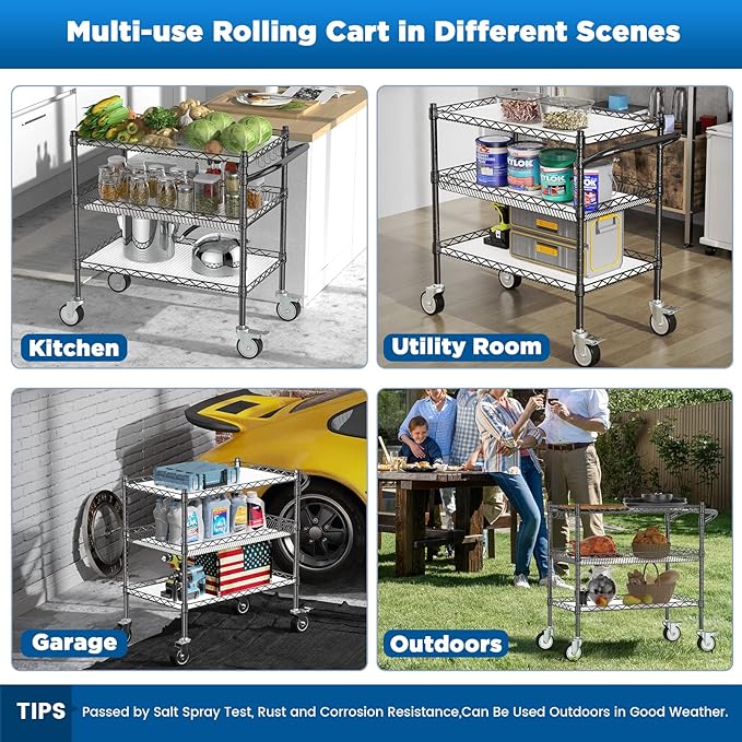 3 Tier Rolling Carts with Wheels,990Lbs Heavy Duty Rolling Utility Cart,NSF Commercial Grade Metal Cart with Handle&Shelf Liner,Trolley Serving Cart for Kitchen,Restaurant,Plant Display,Black - LeafyLoom