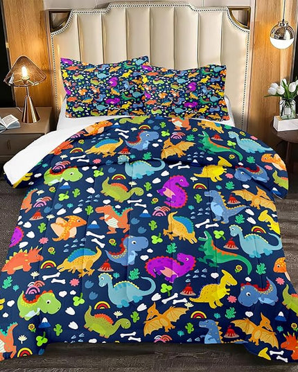 Dinosaur Full Size Bedding Set - Cartoon Dinosaur Full Size Comforter Sets for Boys Soft Breathable Blue Dino Quilt Kids Comforter Set Decor for Boys Bedroom, 1 Comforter 2 Pillowcase - LeafyLoom