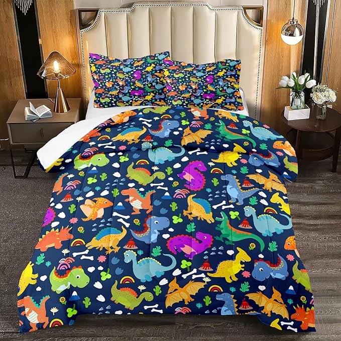 Dinosaur Full Size Bedding Set - Cartoon Dinosaur Full Size Comforter Sets for Boys Soft Breathable Blue Dino Quilt Kids Comforter Set Decor for Boys Bedroom, 1 Comforter 2 Pillowcase - LeafyLoom