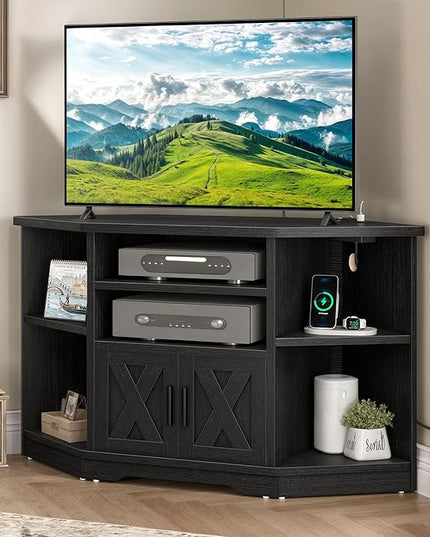 YITAHOME Corner TV Stand, Entertainment Center, Farmhouse TV Stand 55 inch TV w/Power Outlet, TV Stand for Living Room w/Adjustable Storage Shelf, Television Stands for Living Room, Black - LeafyLoom
