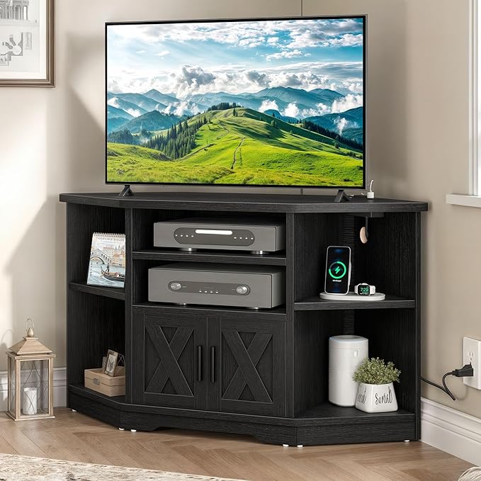YITAHOME Corner TV Stand, Entertainment Center, Farmhouse TV Stand 55 inch TV w/Power Outlet, TV Stand for Living Room w/Adjustable Storage Shelf, Television Stands for Living Room, Black - LeafyLoom