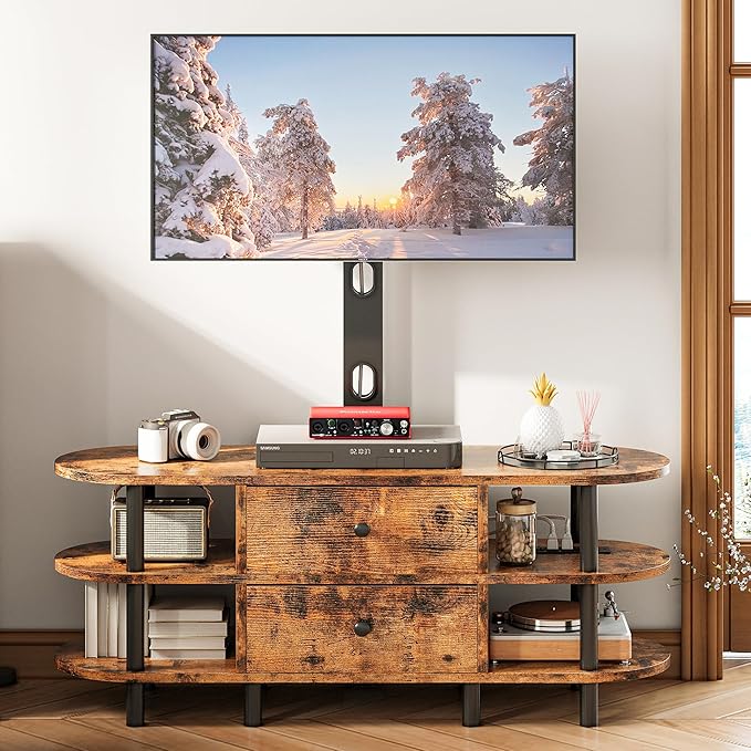 IRONCK TV Stand with Mount and Power Outlet 47", Swivel TV Stand Mount for 70+ inch TV, 3 Tiers TV Console with Drawers and Storage Shelves Entertainment Center - LeafyLoom