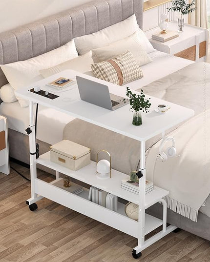 Height Adjustable Standing Desk with Power Outlets, 32" Manual Stand Up Desk with Storage Shelves Small Mobile Rolling Computer Desk Portable Laptop Table with Wheels for Home Office, White - LeafyLoom