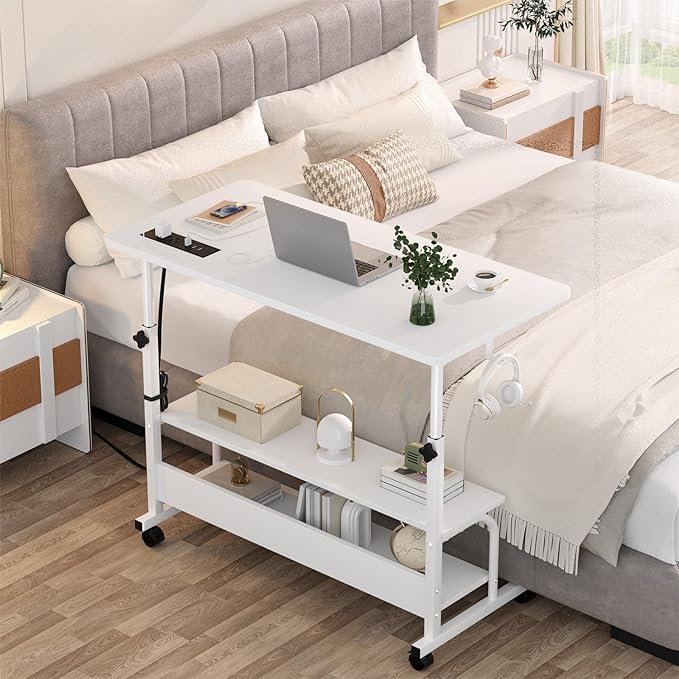 Height Adjustable Standing Desk with Power Outlets, 32" Manual Stand Up Desk with Storage Shelves Small Mobile Rolling Computer Desk Portable Laptop Table with Wheels for Home Office, White - LeafyLoom