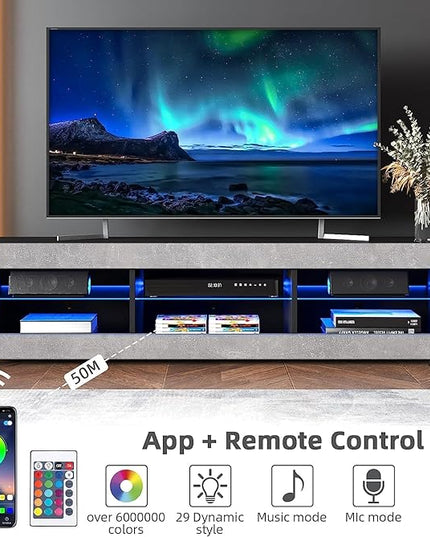 HOMMPA LED TV Stand for 65 inch TV Grey Black TV Stand with Led Lights Modern TV Entertainment Center with Glass Shelves TV Media Console for Living Room - LeafyLoom