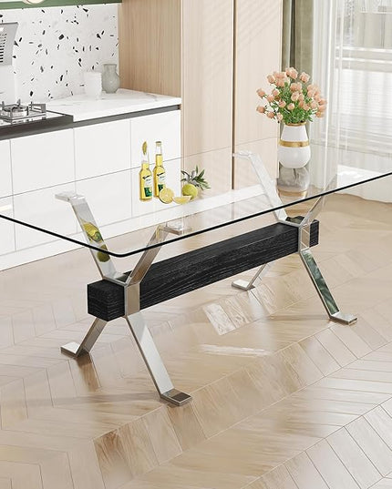 Rectangular Table with Tempered Glass Tabletop,Modern Dinner Desk W/Metal Tubular Legs, Home,Kitchen,Dining Room,Office,Silver, 79" Black Crossbars - LeafyLoom