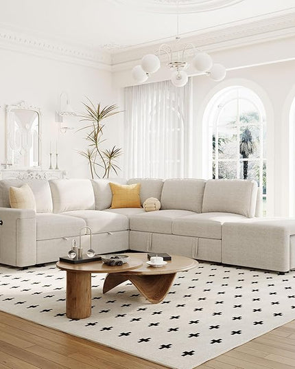90.6'' L-shaped Modular Sectional Sofa with Storage Space, Ottoman and Pull-Out Bed, 6 Seat Upholstered Couch w/USB Ports & Cup Holders, for Living Rooms, Offices, Apartments, Beige, 90.6 Inch - LeafyLoom