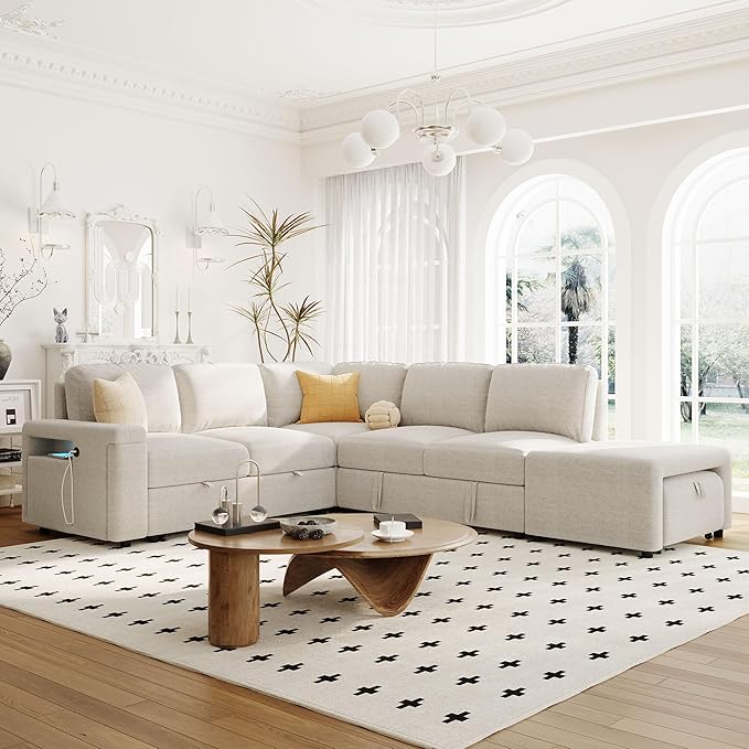 90.6'' L-shaped Modular Sectional Sofa with Storage Space, Ottoman and Pull-Out Bed, 6 Seat Upholstered Couch w/USB Ports & Cup Holders, for Living Rooms, Offices, Apartments, Beige, 90.6 Inch - LeafyLoom