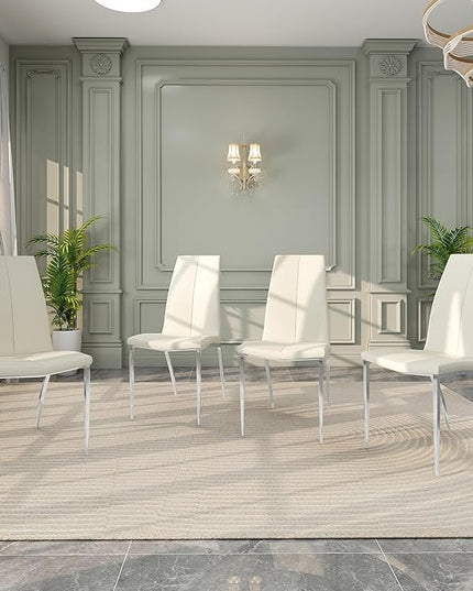 Modern Faux Leather Dining Chairs Set of 4, Padded Seat Dining Side Chairs, Upholstered Chair with Metal Legs for Kitchen, Living Room, Dining Room, White Chairs+Silver Legs - LeafyLoom