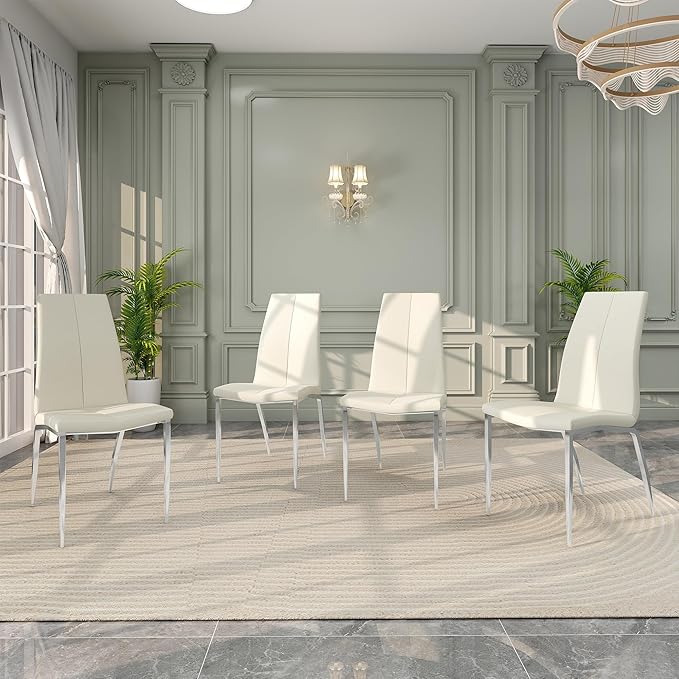 Modern Faux Leather Dining Chairs Set of 4, Padded Seat Dining Side Chairs, Upholstered Chair with Metal Legs for Kitchen, Living Room, Dining Room, White Chairs+Silver Legs - LeafyLoom