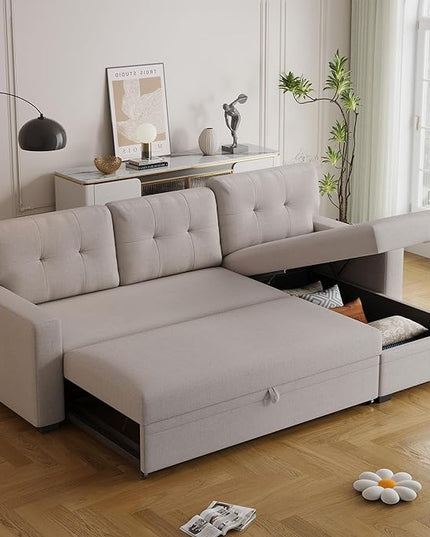 82" Sectional Sofa with Storage Chaise & Pull-Out Bed,L-Shape Convertible 3 Seater Couch W/Tufted Backrest,Reversible Sleeper for Living Room Apartment Office, Beige3 - LeafyLoom